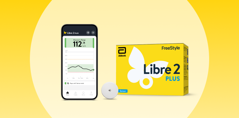 FreeStyle Libre 2 Plus sensor, product packaging, and Libre app screen