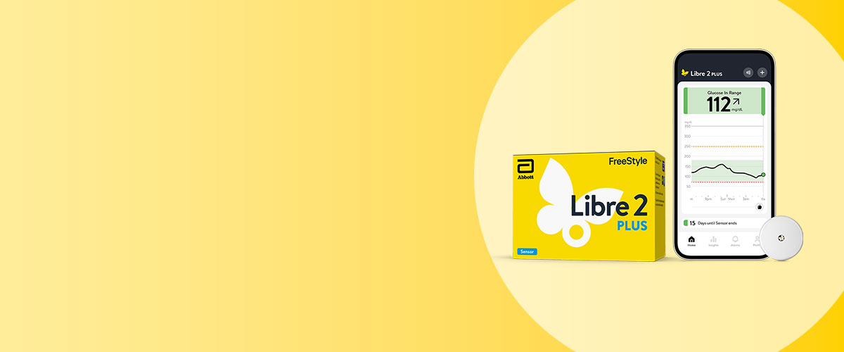 FreeStyle Libre 2 Plus sensor, product packaging, and Libre app screen
