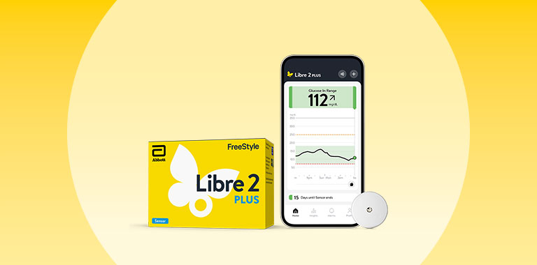 FreeStyle Libre 2 Plus sensor, product packaging, and Libre app screen