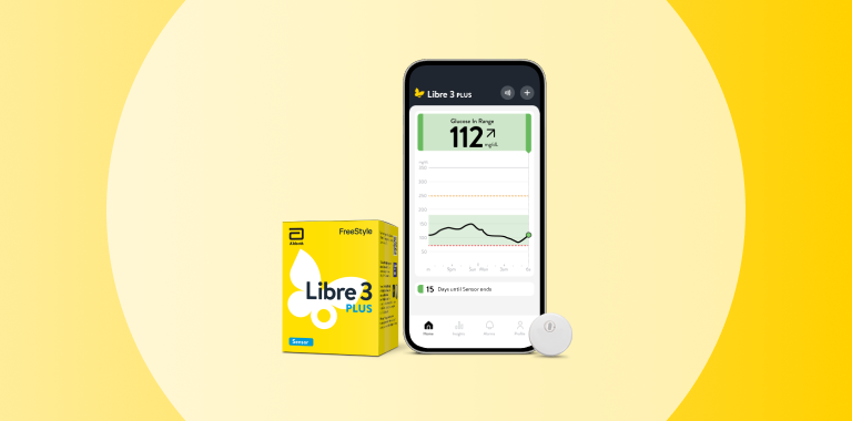 FreeStyle Libre 3 Plus sensor product packaging and app