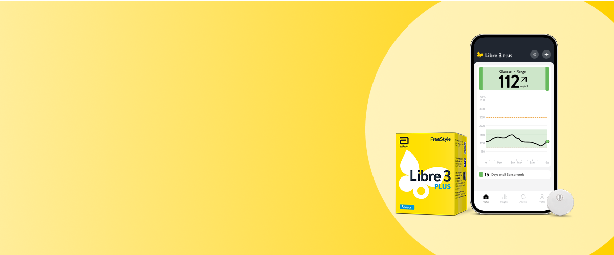 FreeStyle Libre 3 Plus sensor product packaging and app