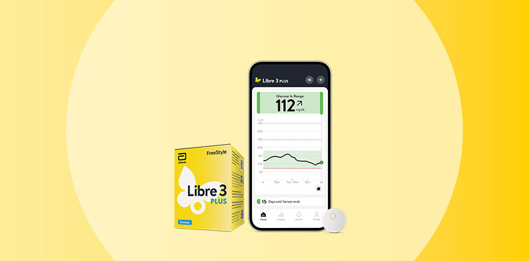 FreeStyle Libre 3 Plus sensor product packaging and app