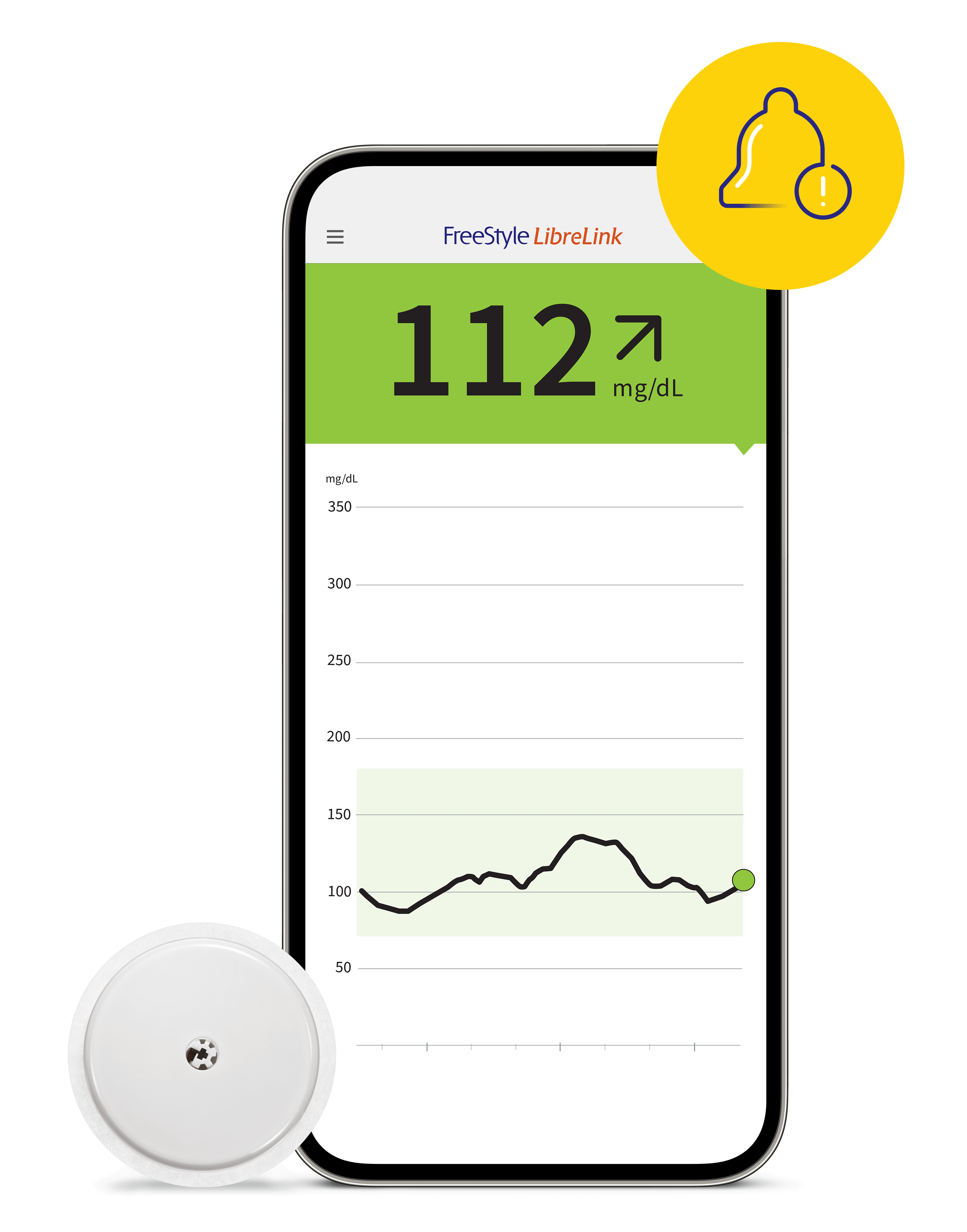 Animated FreeStyle Libre App captured on a smartphone with the FreeStyle Libre sensor next to it.