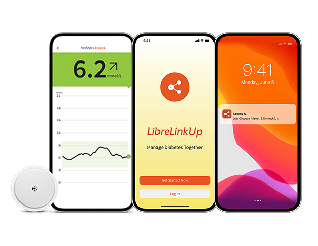 The FreeStyle Libre portfolio of products: FreeStyle Libre 2 sesnor and a screenshot of daily glucose pattern on FreeStyle LibreLink app, next to a screenshot of LibreLinkUp log in page, next to a screenshot of a notification received from the LibreLinkUp app