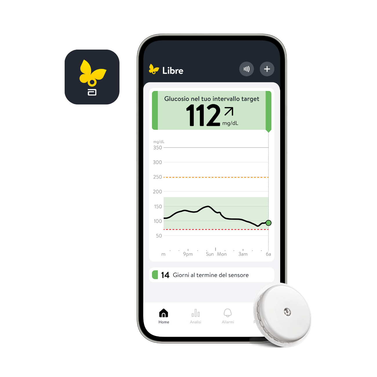 Screenshot dell'app Libre con sensore FreeStyle Libre 2 Plus