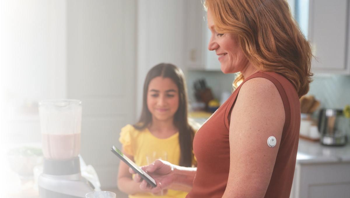 Donna che indossa sensore FreeStyle Libre 3, guarda app FreeStyleLibre 3 su smartphone