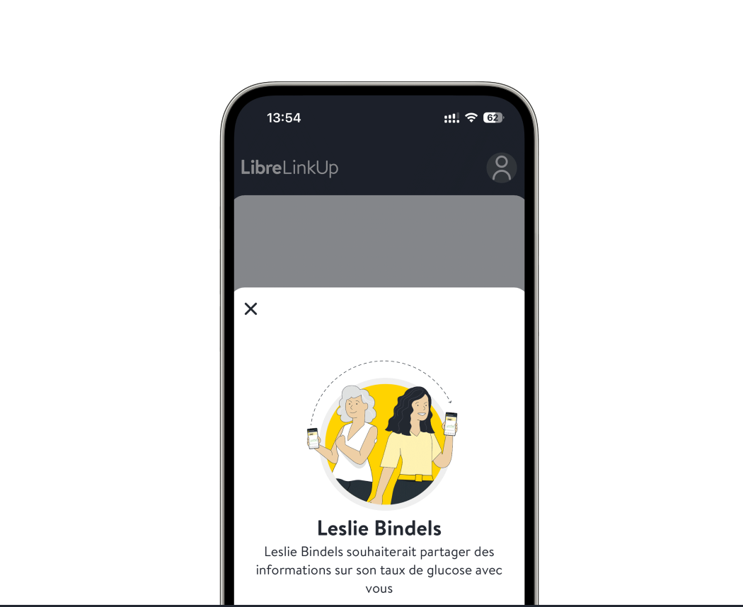 Illustration d’un écran de téléphone dans l’application LibreLinkUp affichant une demande de partage des données de glucose.