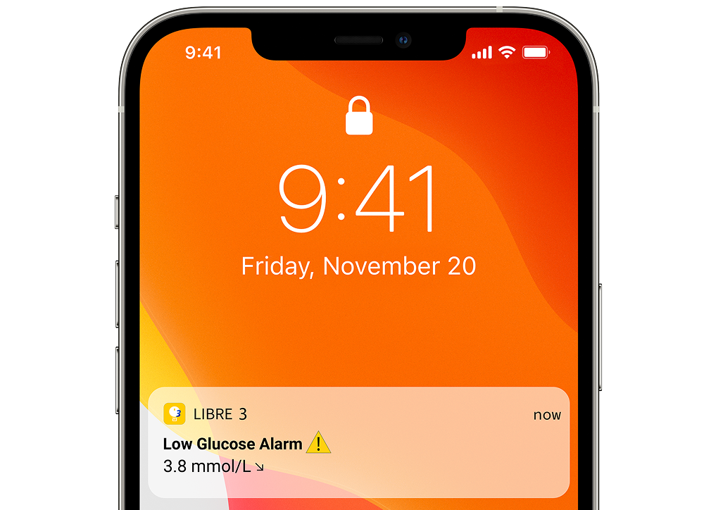 an image of a low glucose alarm notification on the phone