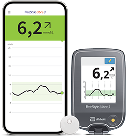 A phone screen showing a person’s glucose trend with a FreeStyle Libre sensor next to it.