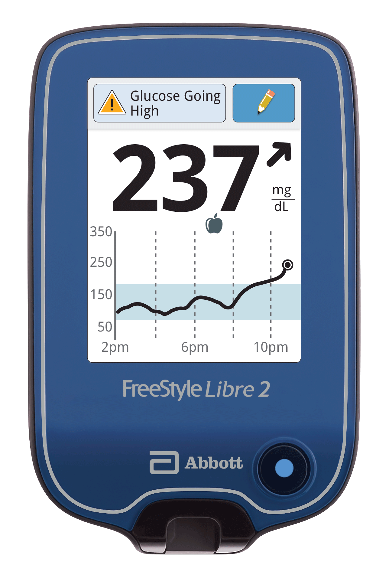 A FreeStyle Libre reader showing glucose levels.