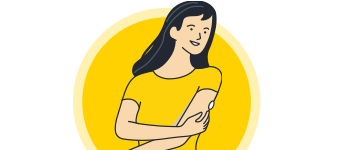 An illustration of a woman securing her FreeStyle Libre sensor to her arm by pressing down gently with her fingers on the edge.