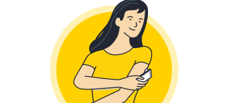 An illustration of a woman scanning her FreeStyle Libre on her arm with her phone.