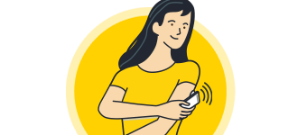 An illustration of a woman’s phone beeping as it scans her FreeStyle Libre sensor.