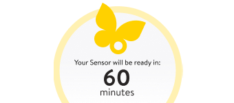 A yellow butterfly and text below it indicating that the FreeStyle Libre can be used after 60 minutes.
