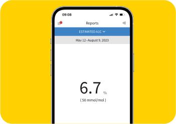 An illustration of a woman looking at her smartphone with an inset picture of a chart showing her glucose levels.