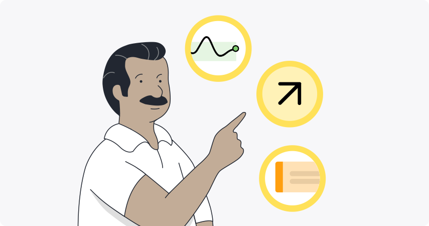An illustration of a man pointing at three charts.