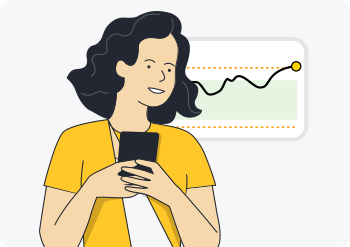 An illustration of a woman looking at her smartphone with an inset picture of a chart showing her glucose levels.