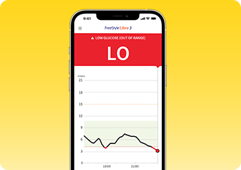 Smartphone app showing data with glucose levels declining.