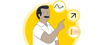 An illustration of a man pointing at three charts.