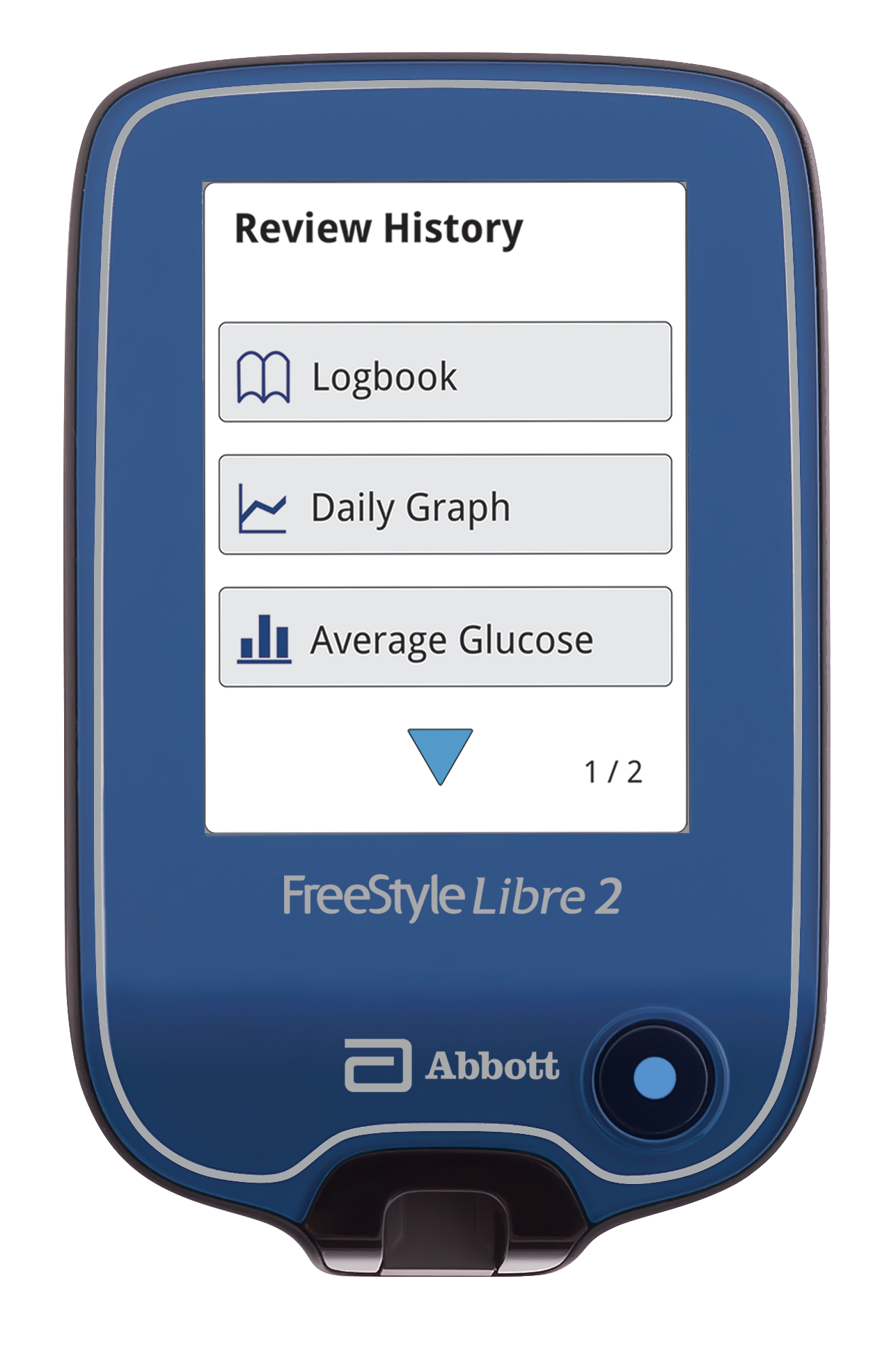 A FreeStyle Libre reader showing glucose levels.