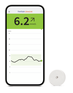 A phone screen showing a person’s glucose trend with a FreeStyle Libre sensor next to it.