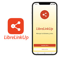 Teléfono móvil con aplicación LibreLinkUp y logotipo LibreLinkUp