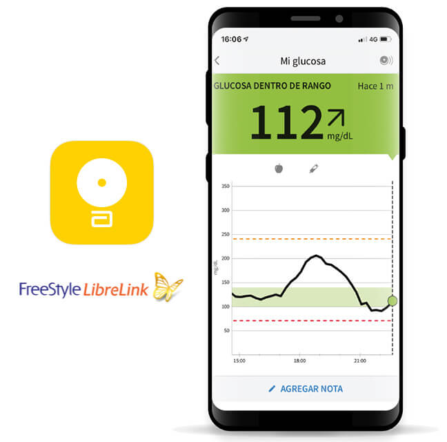 Teléfono móvil mostrando la aplicación FreeStyle LibreLink  y logo FreeStyle LibreLink