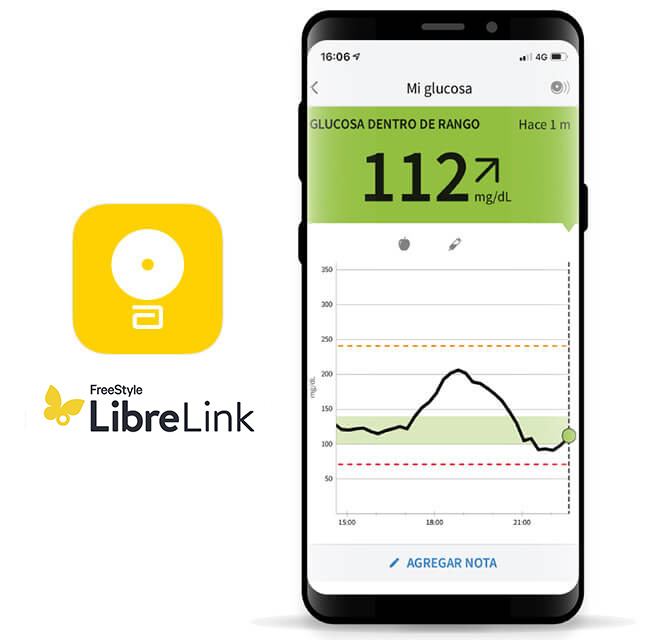 Teléfono móvil mostrando la aplicación FreeStyle LibreLink  y logo FreeStyle LibreLink