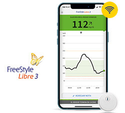 Teléfono móvil con aplicación FreeStyle Libre 3 y logotipo
