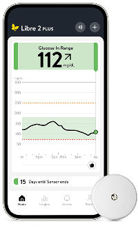 Smart phone with Libre App showing data from the FreeStyle Libre 2 Plus sensor