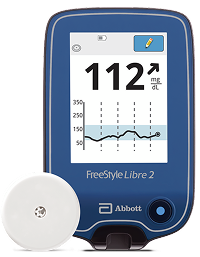 FreeStyle Libre 2 Plus sensor with Freestyle Libre 2 reader showing data