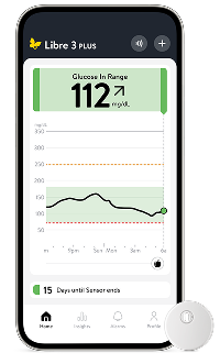 Smart phone with Libre App showing data from the FreeStyle Libre 3 Plus sensor