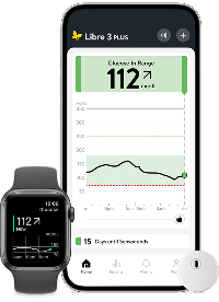 Smart phone with Libre App showing data from the FreeStyle Libre 3 Plus sensor