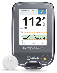 FreeStyle Libre 3 Plus sensor with Freestyle Libre 3 reader showing data