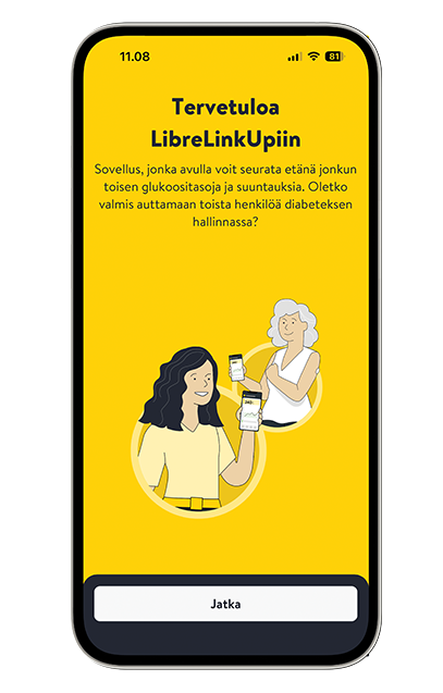 Älypuhelimen näytössä LibreLinkUp-sovelluksen aloitusnäkymä