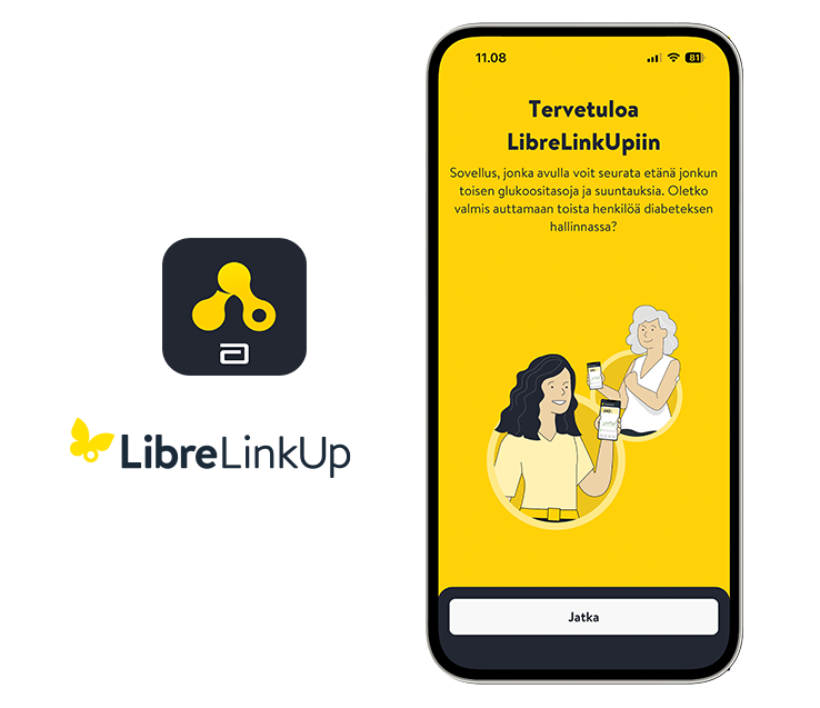 Älypuhelimen näytössä näkyy LibreLinkUp-sovellus ja glukoosiarvoja