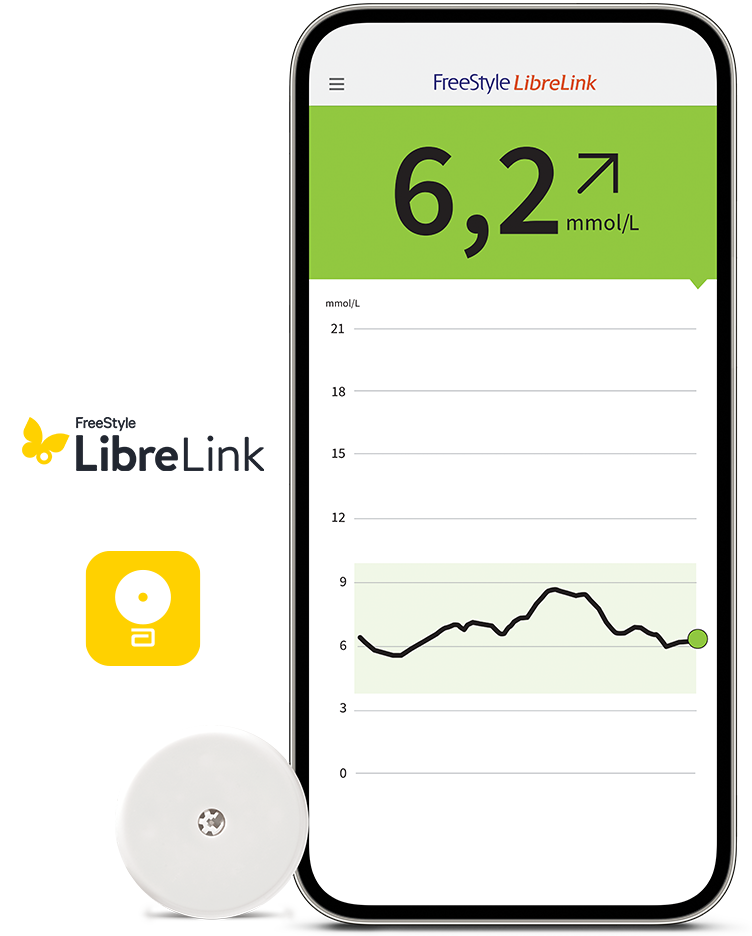 FreeStyle Libre 2-sensor och FreeStyle LibreLink-appen visas på en smarttelefon