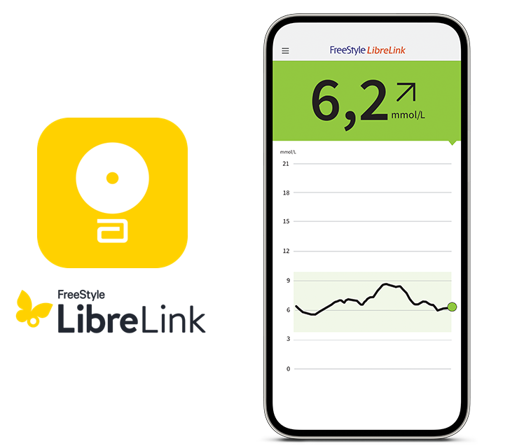 FreeStyle Libre 2-sensor och FreeStyle LibreLink-appen visas på en smarttelefon
