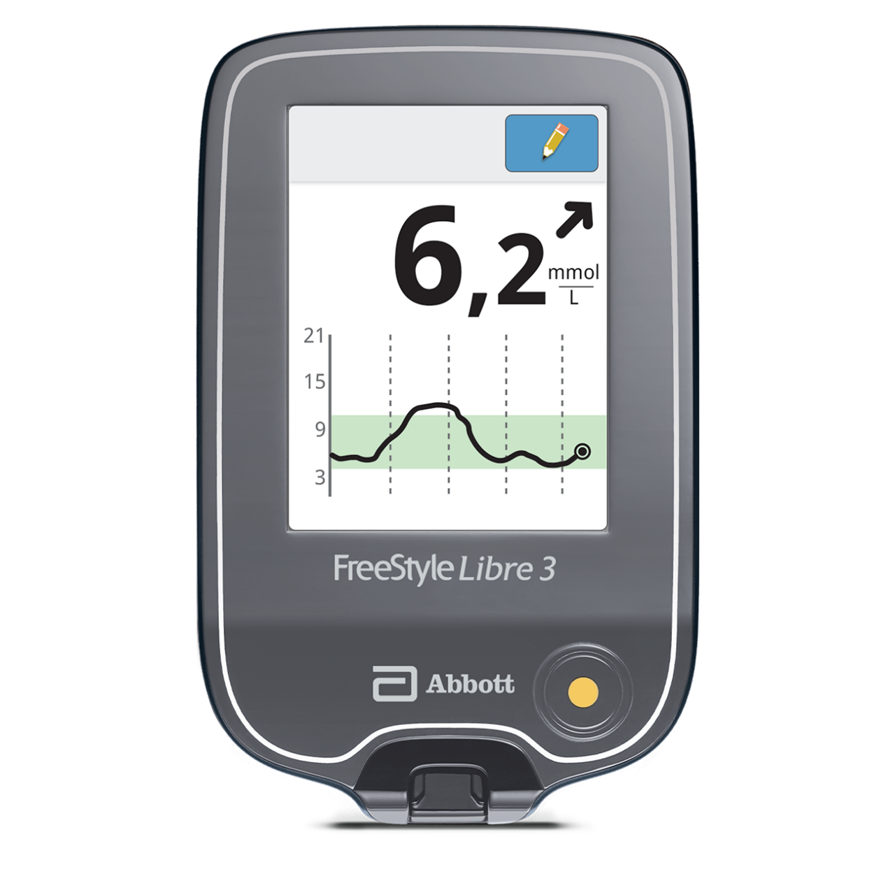 FreeStyle Libre 3 -lukija, joka näyttää nykyisen glukoosiarvon