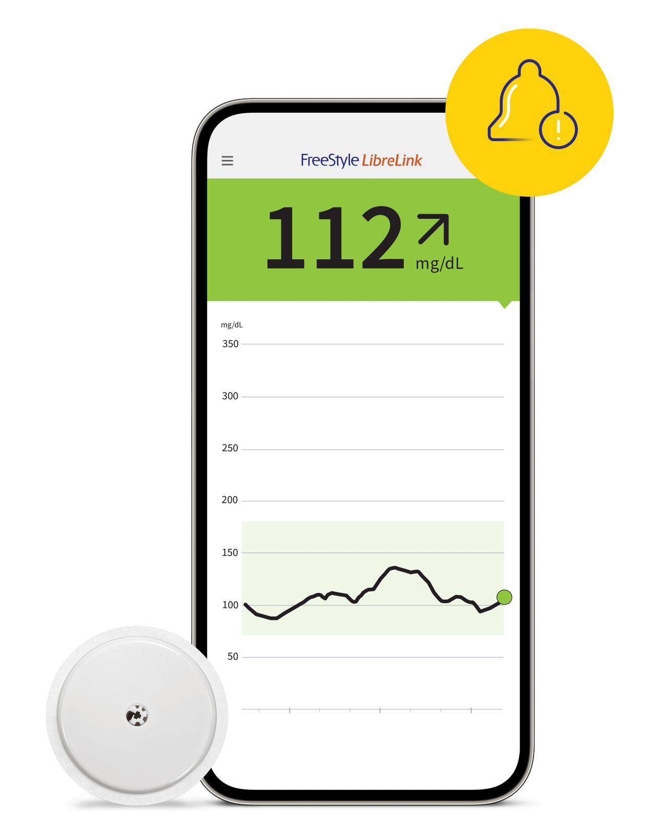 Animated FreeStyle Libre App captured on a smartphone with the FreeStyle Libre sensor next to it.