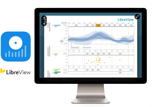 A screenshot of LibreView shown on a computer monitor with the LibreView logo on the left