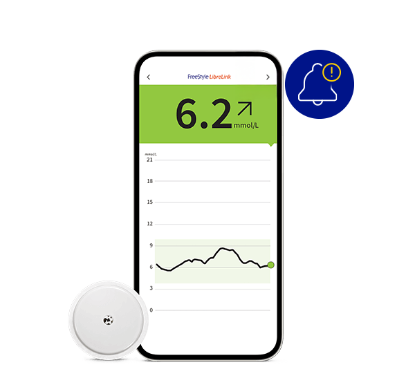 LibreLink app captured on a smartphone with the Libre 2 Plus sensor next to with an alarm icon