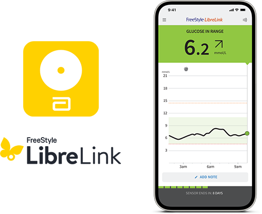 A smartphone showing a screenshot of the FreeStyle LibreLink app with the FreeStyle LibreLink logo next to it
