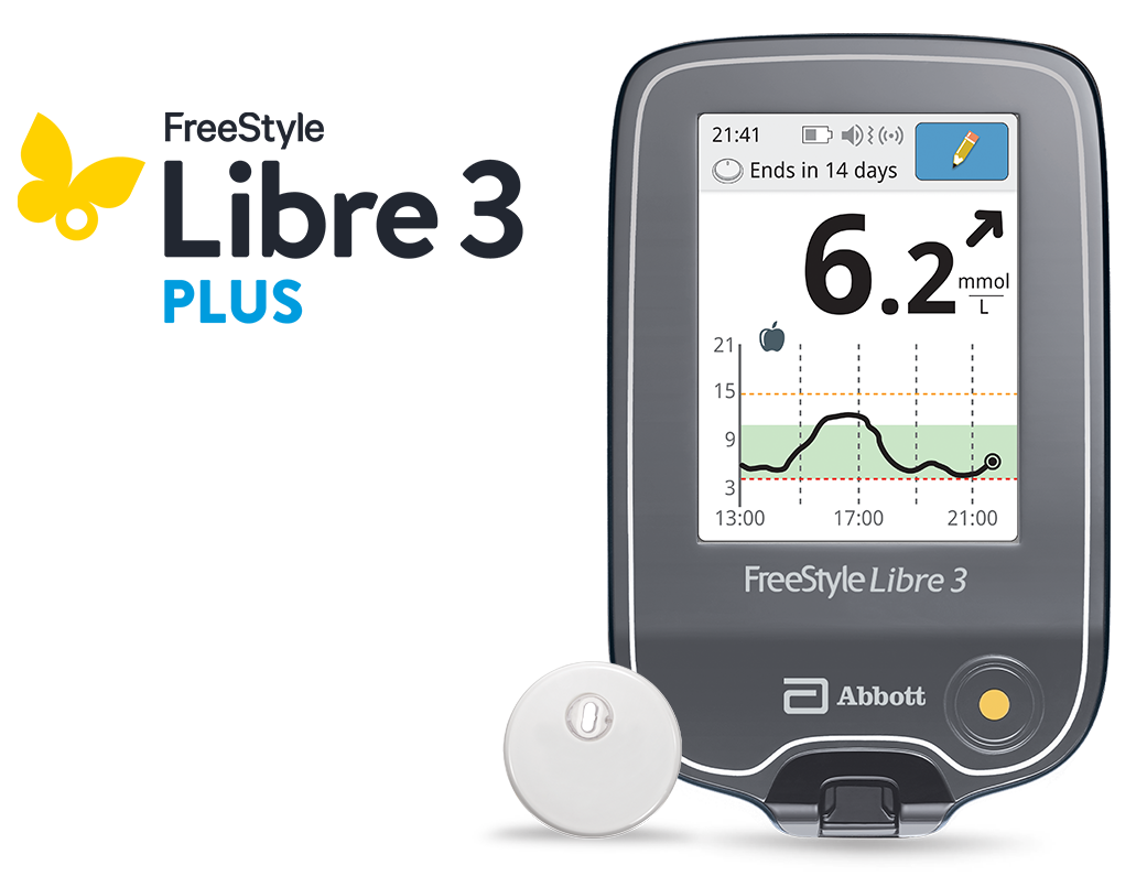 A FreeStyle Libre 3 reader with a Libre 3 Plus sensor and a Libre 3 Plus logo next to it.