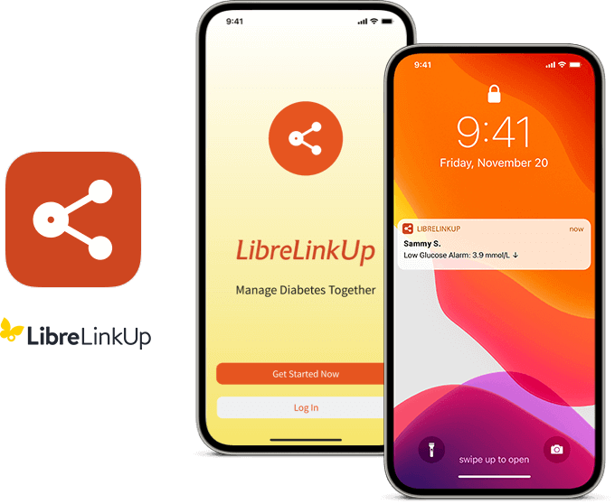 Two smartphones showing screenshots of the LibreLinkUp app. One shows the signup and login screen and the other shows an example notification next to LibreLink app icon