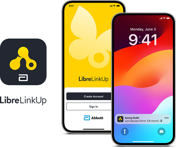 Two smartphones showing screenshots of the LibreLinkUp app. One shows the signup and login screen and the other shows an example notification next to LibreLink app icon