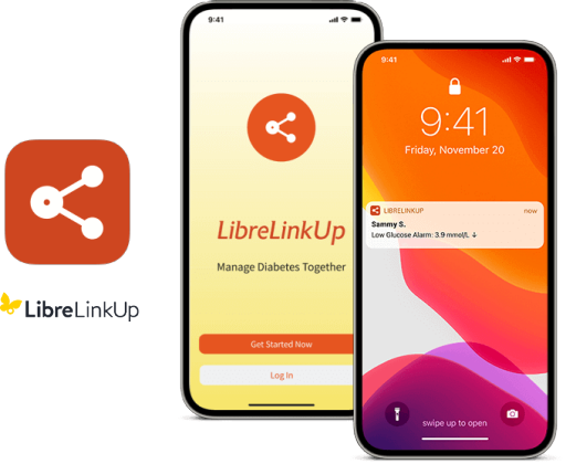 Two smartphones showing screenshots of the LibreLinkUp app. One shows the signup and login screen and the other shows an example notification next to LibreLink app icon