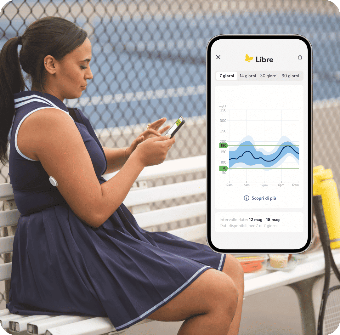 Donna che indossa un sensore FreeStyle Libre controlla sullo smartphone il rapporto time in range