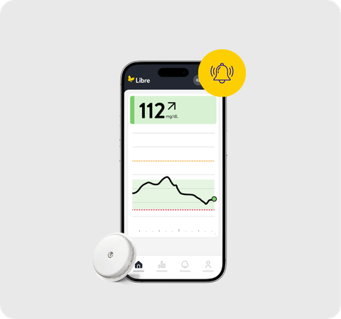 Schermata dell'app Libre su smartphone e icona allarmi in alto a sinistra