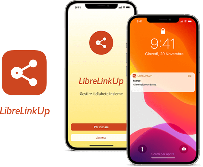 Schermata esempio dell'app LibreLinkUp su due smartphone che condividono i valori del glucosio